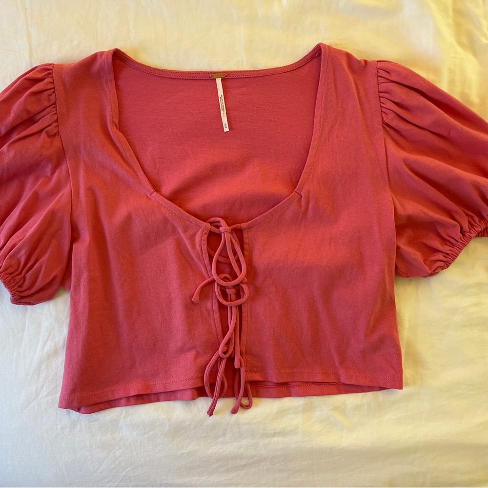 Free People Rose Tie-Front Puff Sleeve Crop Top